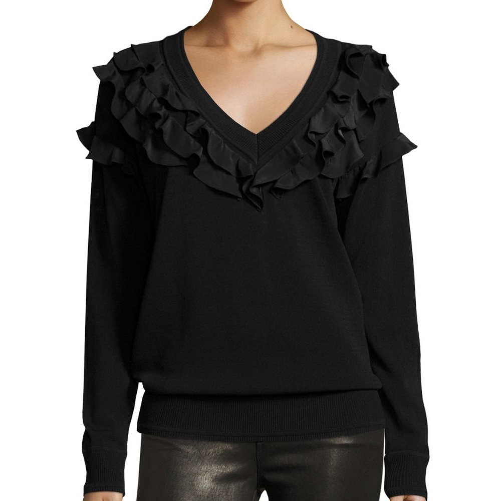 Cinq à Sept Portia Sweater with Crepe de Chine Ruffle Trim S